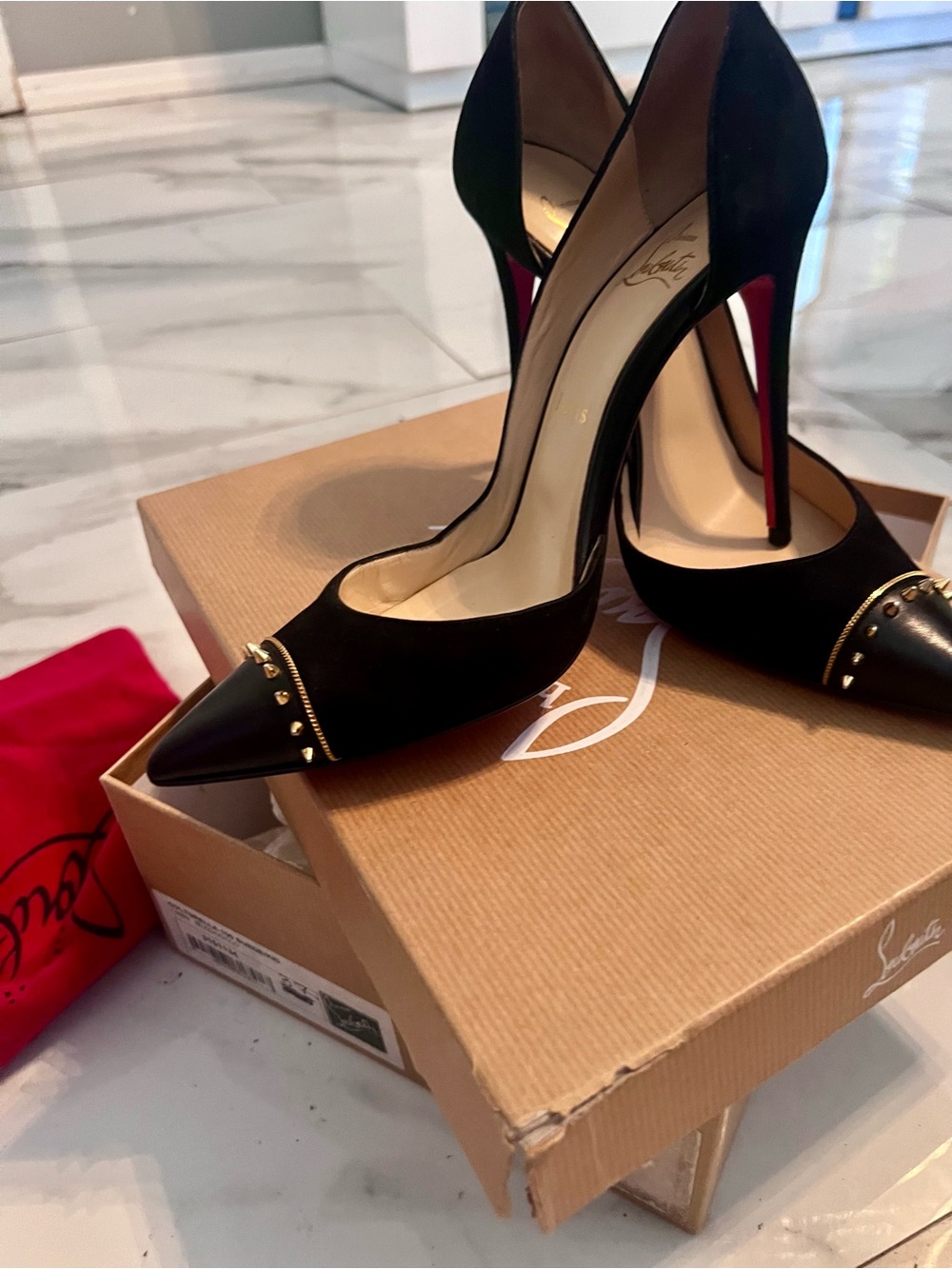 Christian Louboutin Black D’orsey Suede Pointed Toe Studded Pumps size 7